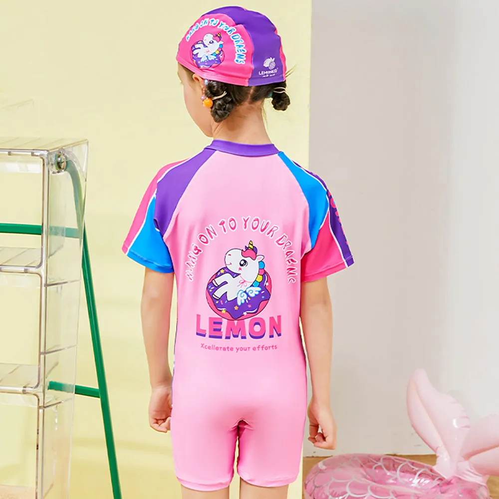 Unicorn Moon Print Swimsuit and Swim Cap for Kids- 1Pcs (UPF 50 &A) - Pink