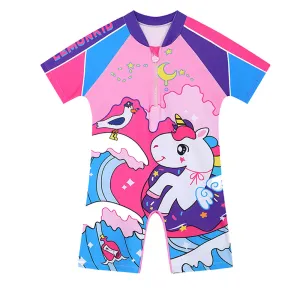 Unicorn Moon Print Swimsuit and Swim Cap for Kids- 1Pcs (UPF 50 &A) - Pink