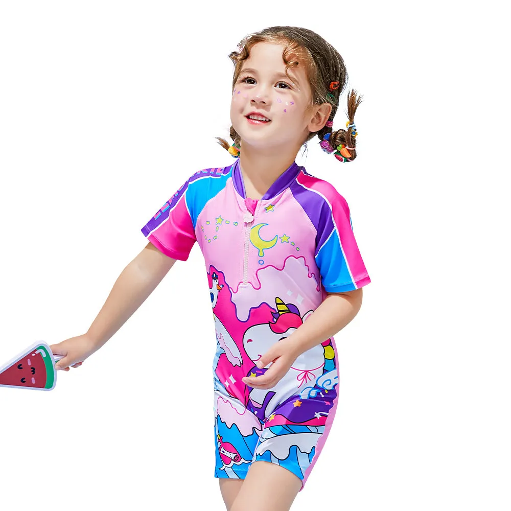 Unicorn Moon Print Swimsuit and Swim Cap for Kids- 1Pcs (UPF 50 &A) - Pink