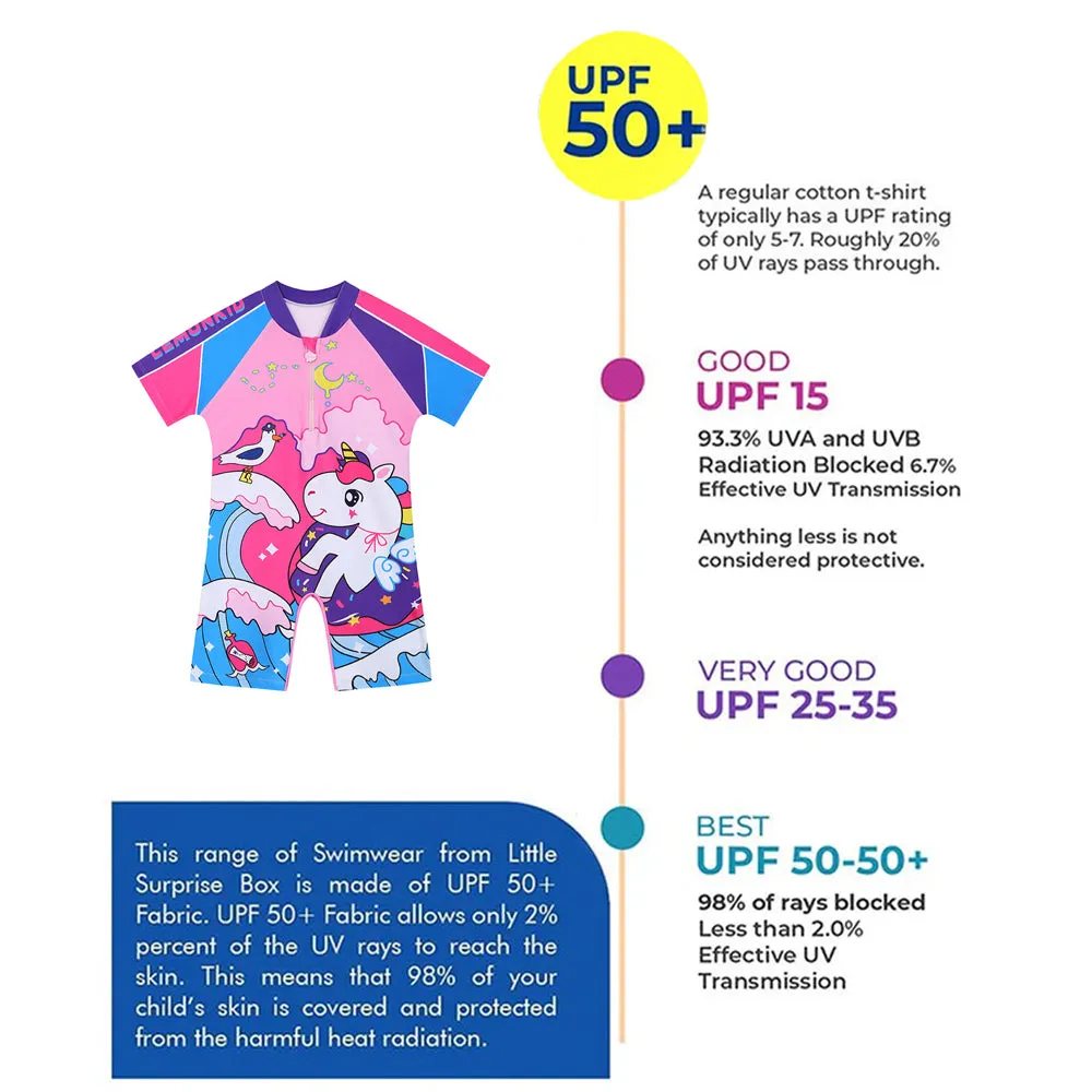 Unicorn Moon Print Swimsuit and Swim Cap for Kids- 1Pcs (UPF 50 &A) - Pink