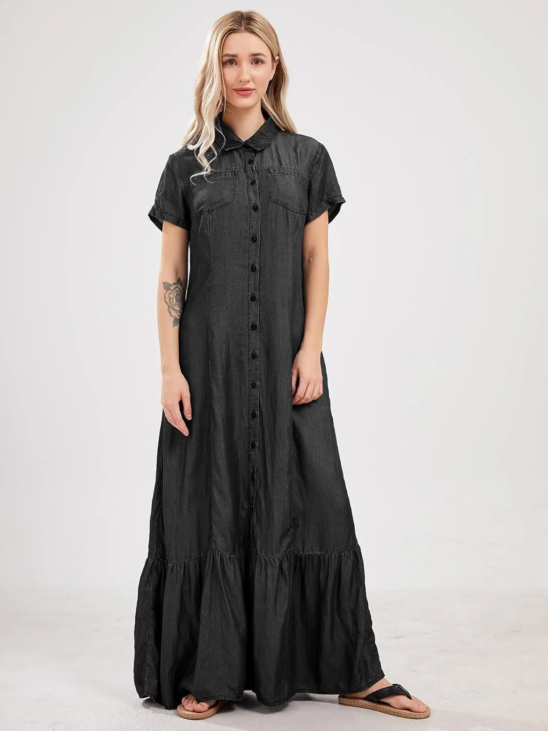 utcoco Womens Short Sleeve Denim Maxi Dress Casual Loose Fit Button Down Long Jean Dresses