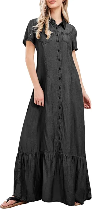 utcoco Womens Short Sleeve Denim Maxi Dress Casual Loose Fit Button Down Long Jean Dresses
