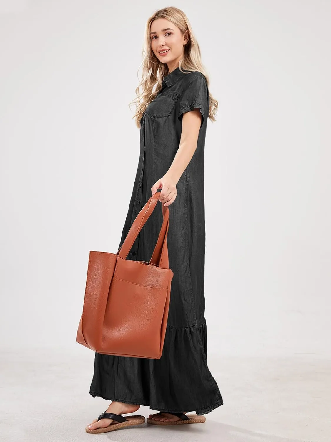 utcoco Womens Short Sleeve Denim Maxi Dress Casual Loose Fit Button Down Long Jean Dresses