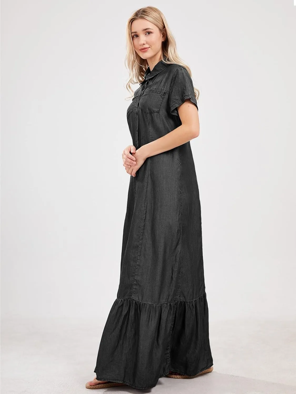 utcoco Womens Short Sleeve Denim Maxi Dress Casual Loose Fit Button Down Long Jean Dresses