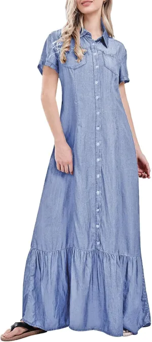 utcoco Womens Short Sleeve Denim Maxi Dress Casual Loose Fit Button Down Long Jean Dresses