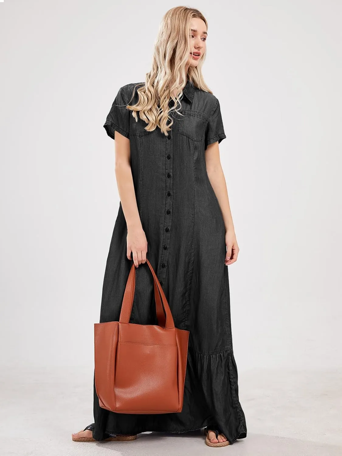 utcoco Womens Short Sleeve Denim Maxi Dress Casual Loose Fit Button Down Long Jean Dresses