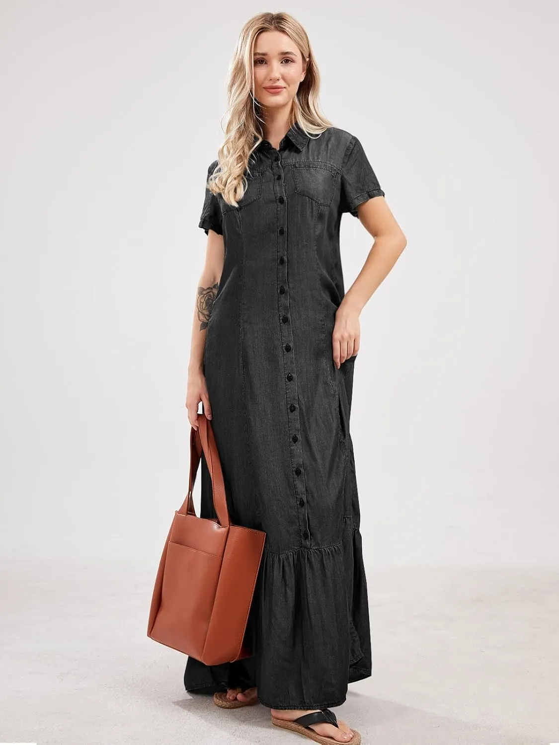 utcoco Womens Short Sleeve Denim Maxi Dress Casual Loose Fit Button Down Long Jean Dresses