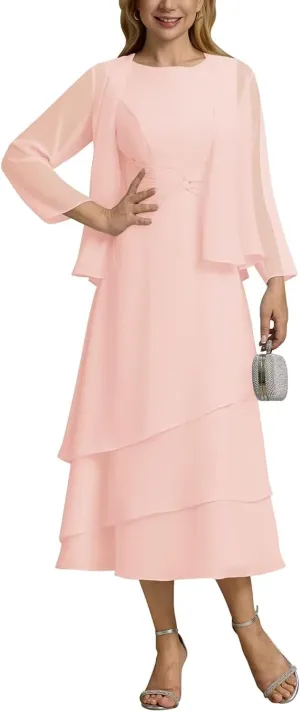 UZN Women's Long Mother of The Bride Dresses for Wedding Chiffon V Neck Long Sleeve Formal Evening Dress