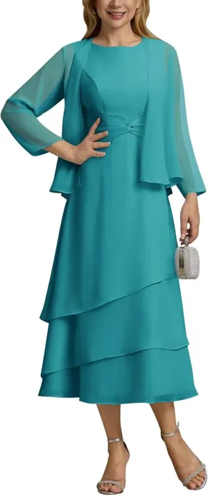 UZN Women's Long Mother of The Bride Dresses for Wedding Chiffon V Neck Long Sleeve Formal Evening Dress