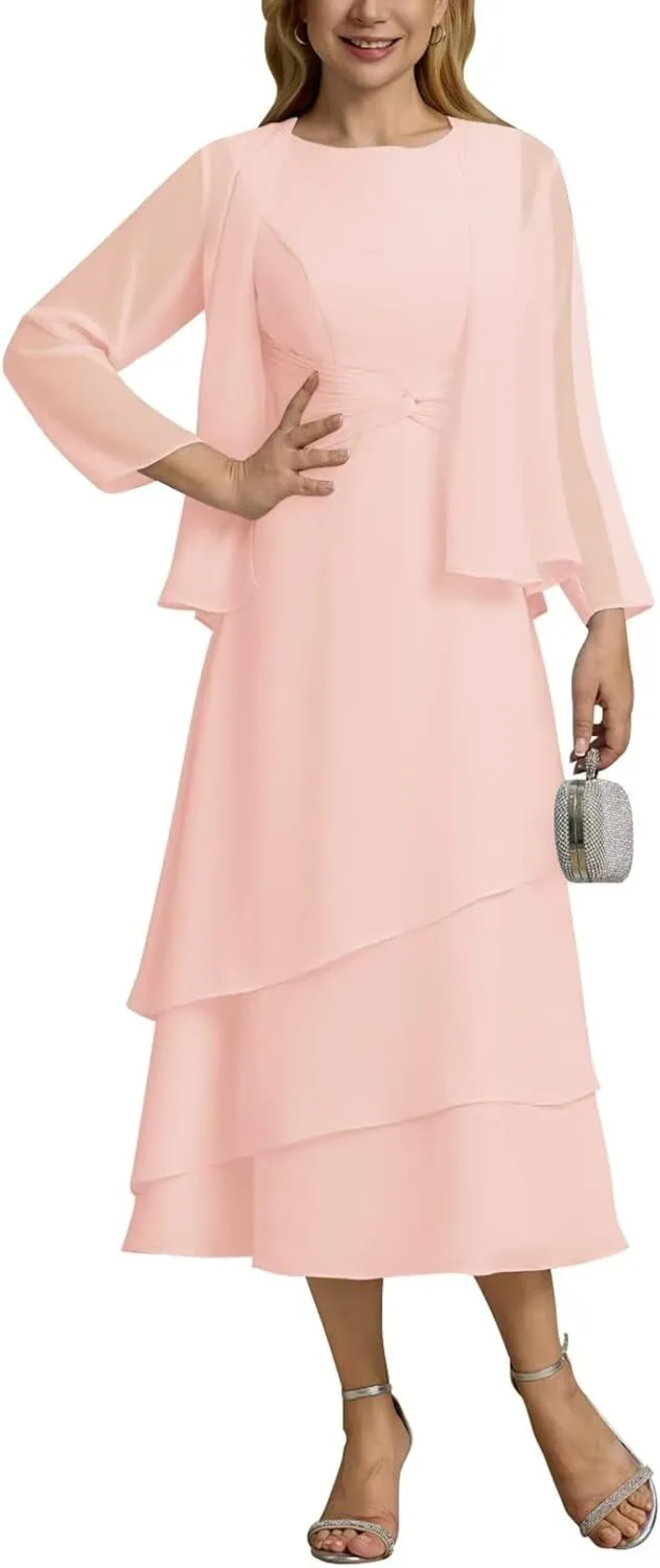UZN Women's Long Mother of The Bride Dresses for Wedding Chiffon V Neck Long Sleeve Formal Evening Dress