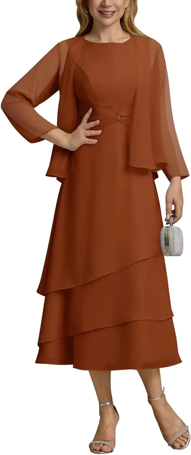UZN Women's Long Mother of The Bride Dresses for Wedding Chiffon V Neck Long Sleeve Formal Evening Dress