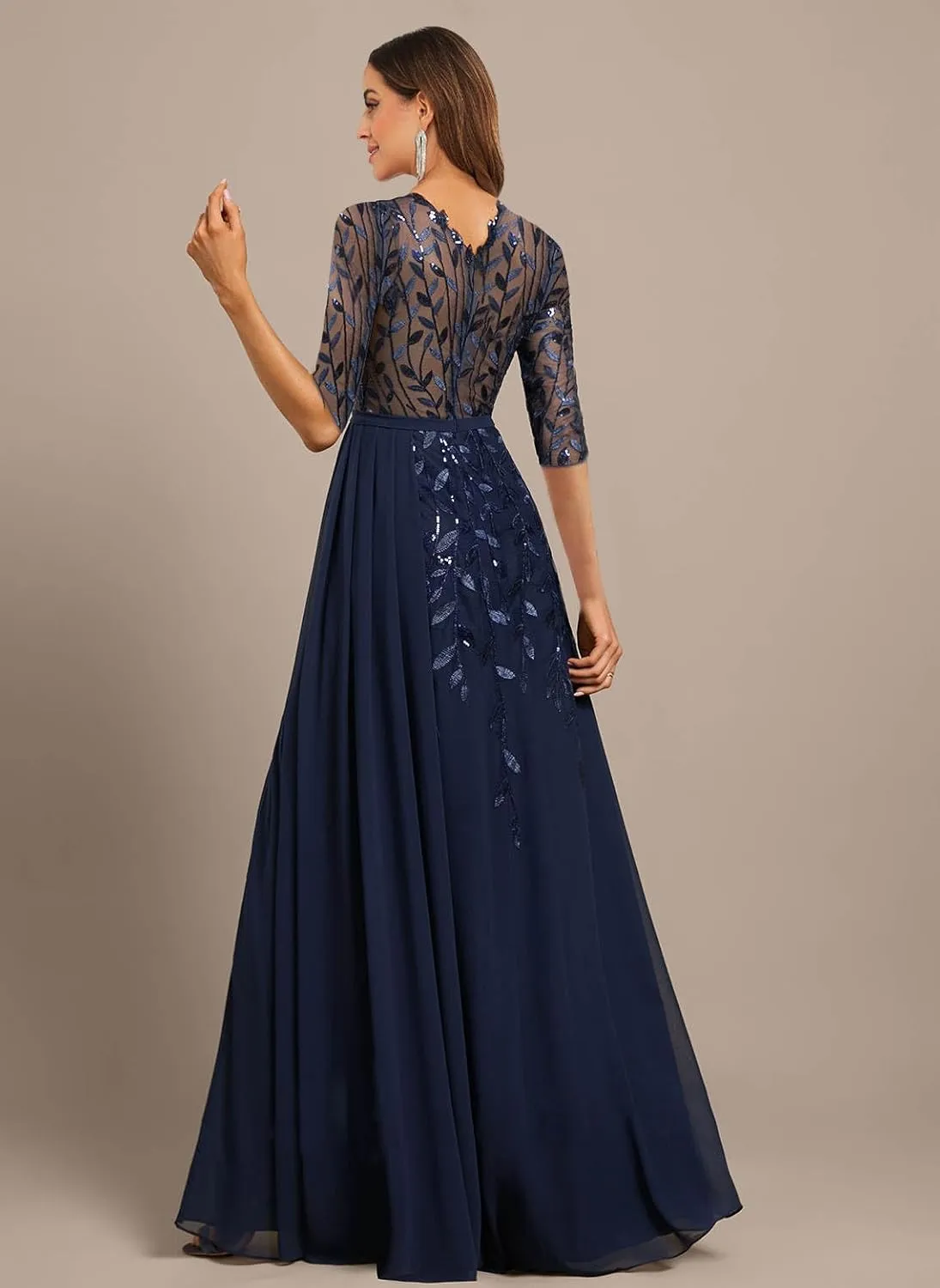 V Neck Mother of The Bride Dresses for Wedding A Line Long Formal Evening Dress with Sleeves