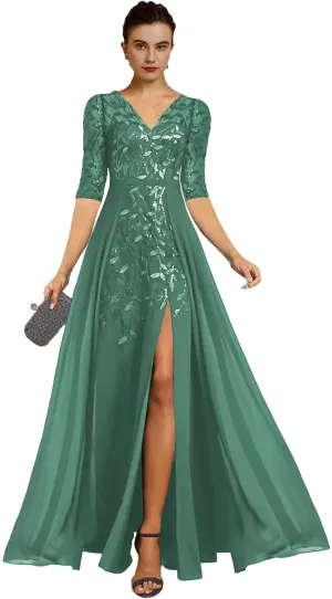 V Neck Mother of The Bride Dresses for Wedding A Line Long Formal Evening Dress with Sleeves