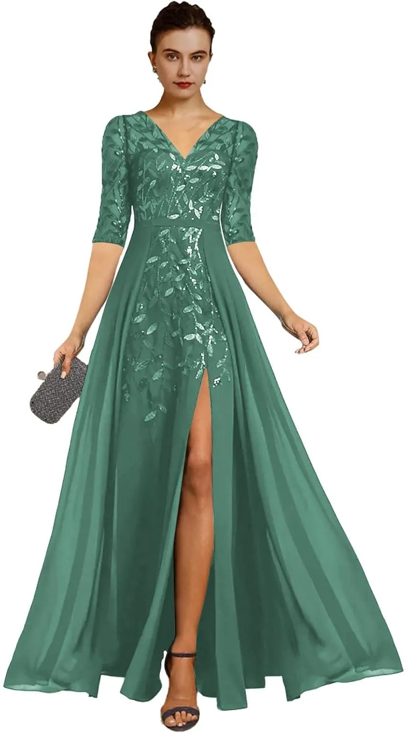 V Neck Mother of The Bride Dresses for Wedding A Line Long Formal Evening Dress with Sleeves