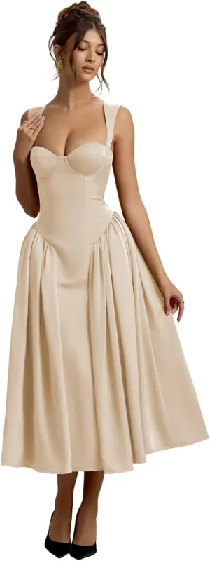 Vintage Corset Prom Dresses for Women 2025 Satin Long Sweetheart Drop Waist Midi Dress for Party Gowns RO289