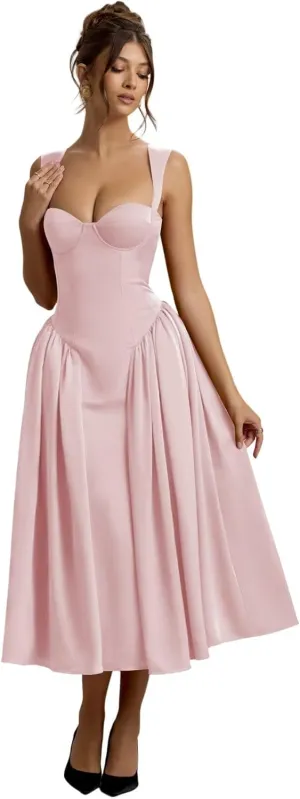 Vintage Corset Prom Dresses for Women 2025 Satin Long Sweetheart Drop Waist Midi Dress for Party Gowns RO289