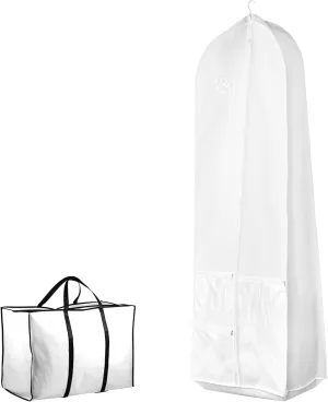 Wedding Dress Garment Bag with Bride Tote Bag, 3 Pockets Bride Gowns Bag Gusseted Dress Bags for Gowns Long Foldable Portable Dress Carrier Dustproof Bridal Dress Cover for Women White
