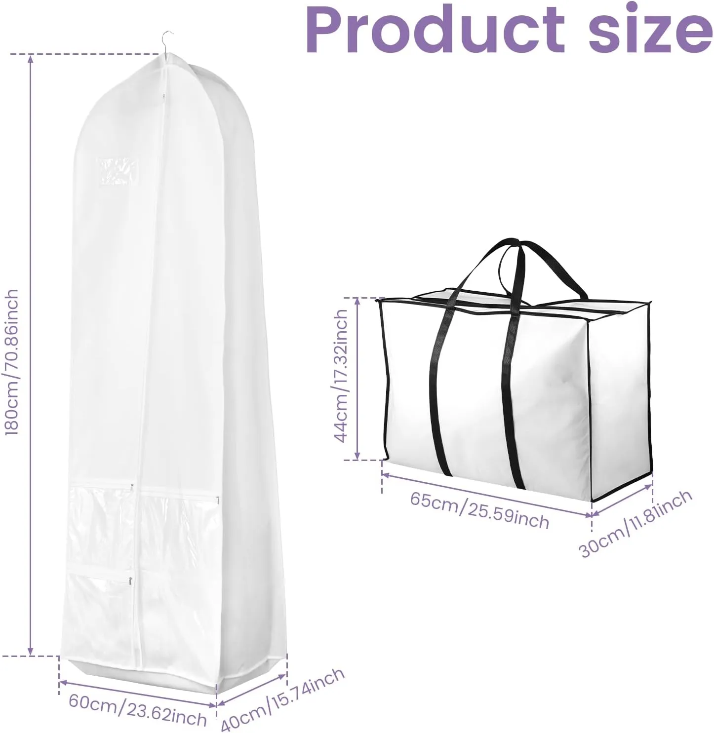 Wedding Dress Garment Bag with Bride Tote Bag 3 Pockets Bride Gowns Bag Nonwoven Dress Bag Cover Foldable Portable Dress Carrier Dustproof Bridal Dress Cover Hanging Clothes Cover Bag for Wom