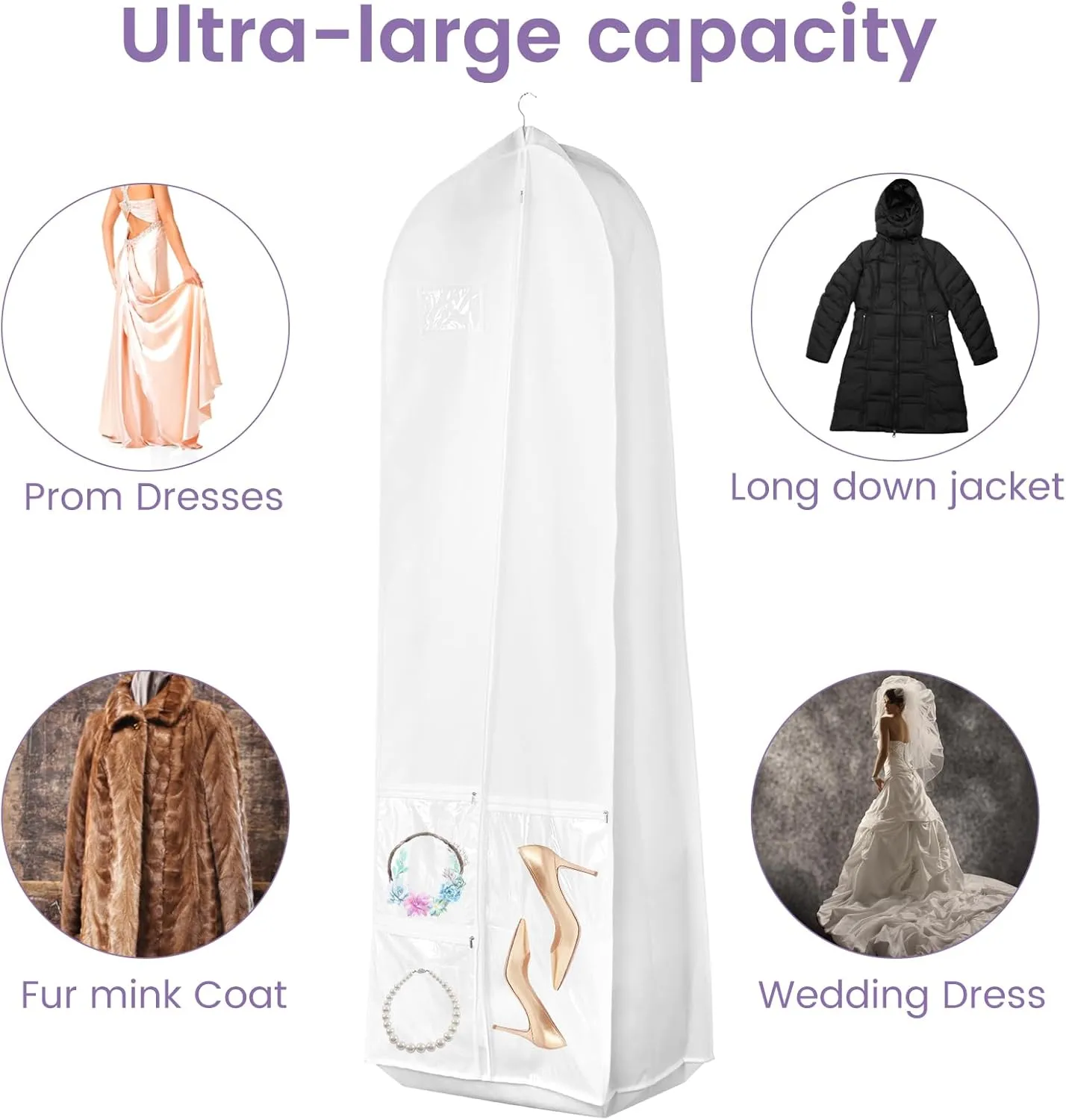 Wedding Dress Garment Bag with Bride Tote Bag 3 Pockets Bride Gowns Bag Nonwoven Dress Bag Cover Foldable Portable Dress Carrier Dustproof Bridal Dress Cover Hanging Clothes Cover Bag for Wom