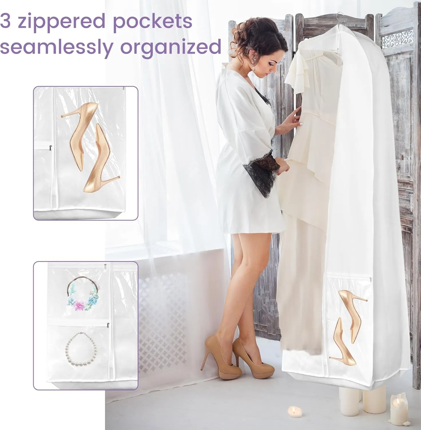 Wedding Dress Garment Bag with Bride Tote Bag 3 Pockets Bride Gowns Bag Nonwoven Dress Bag Cover Foldable Portable Dress Carrier Dustproof Bridal Dress Cover Hanging Clothes Cover Bag for Wom
