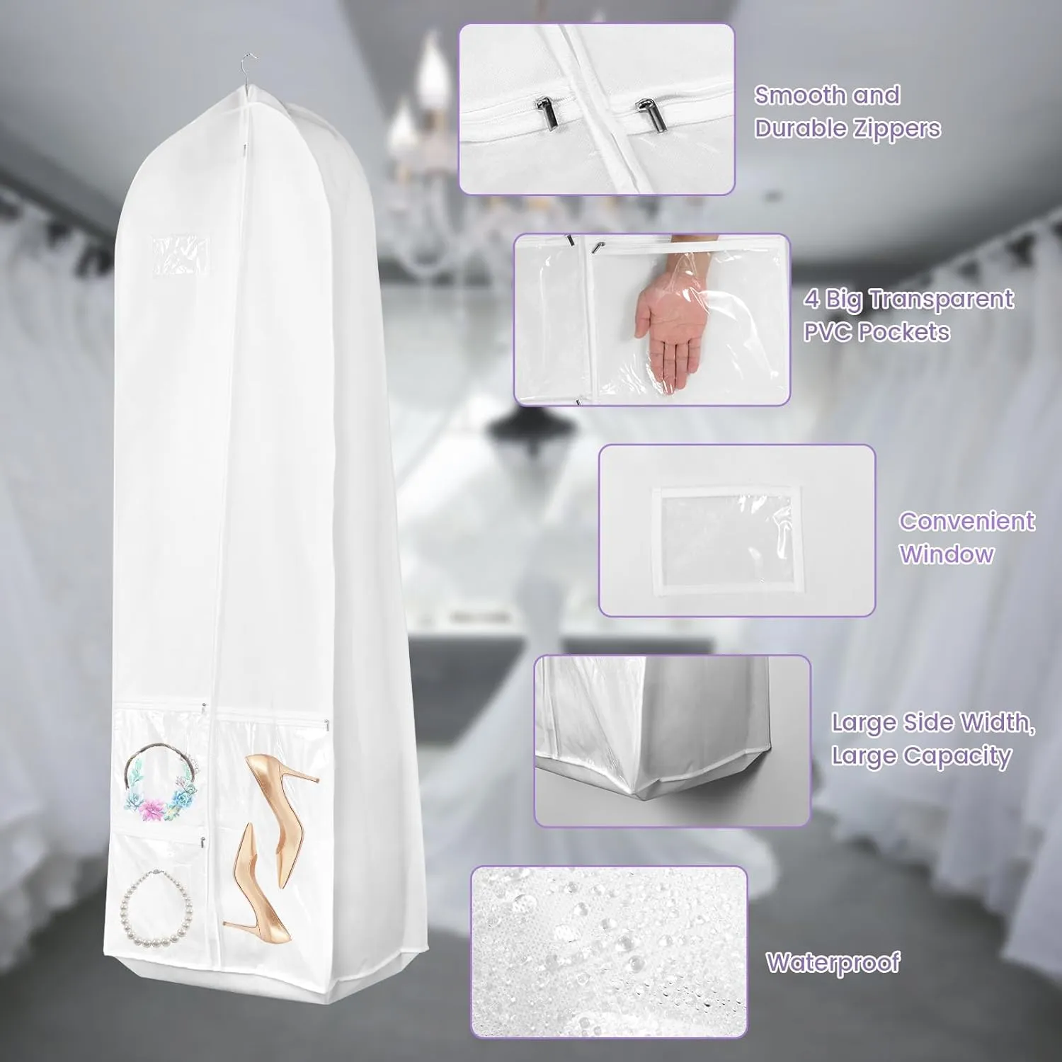 Wedding Dress Garment Bag with Bride Tote Bag 3 Pockets Bride Gowns Bag Nonwoven Dress Bag Cover Foldable Portable Dress Carrier Dustproof Bridal Dress Cover Hanging Clothes Cover Bag for Wom