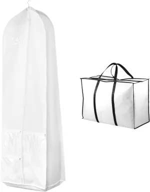 Wedding Dress Garment Bag with Bride Tote Bag 3 Pockets Bride Gowns Bag Nonwoven Dress Bag Cover Foldable Portable Dress Carrier Dustproof Bridal Dress Cover Hanging Clothes Cover Bag for Wom