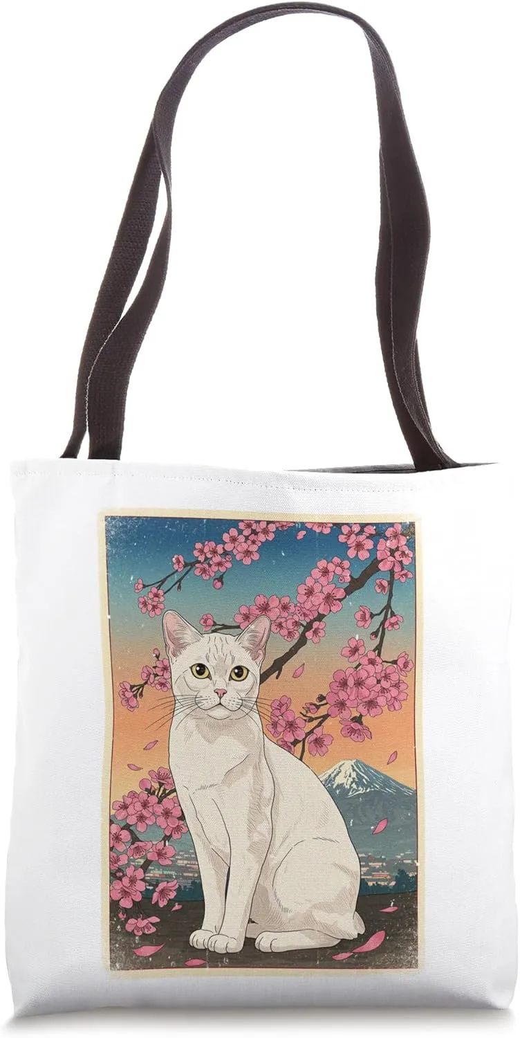 White Cat Mount Fuji Cherry Blossom Tote Bag