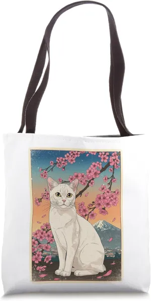 White Cat Mount Fuji Cherry Blossom Tote Bag