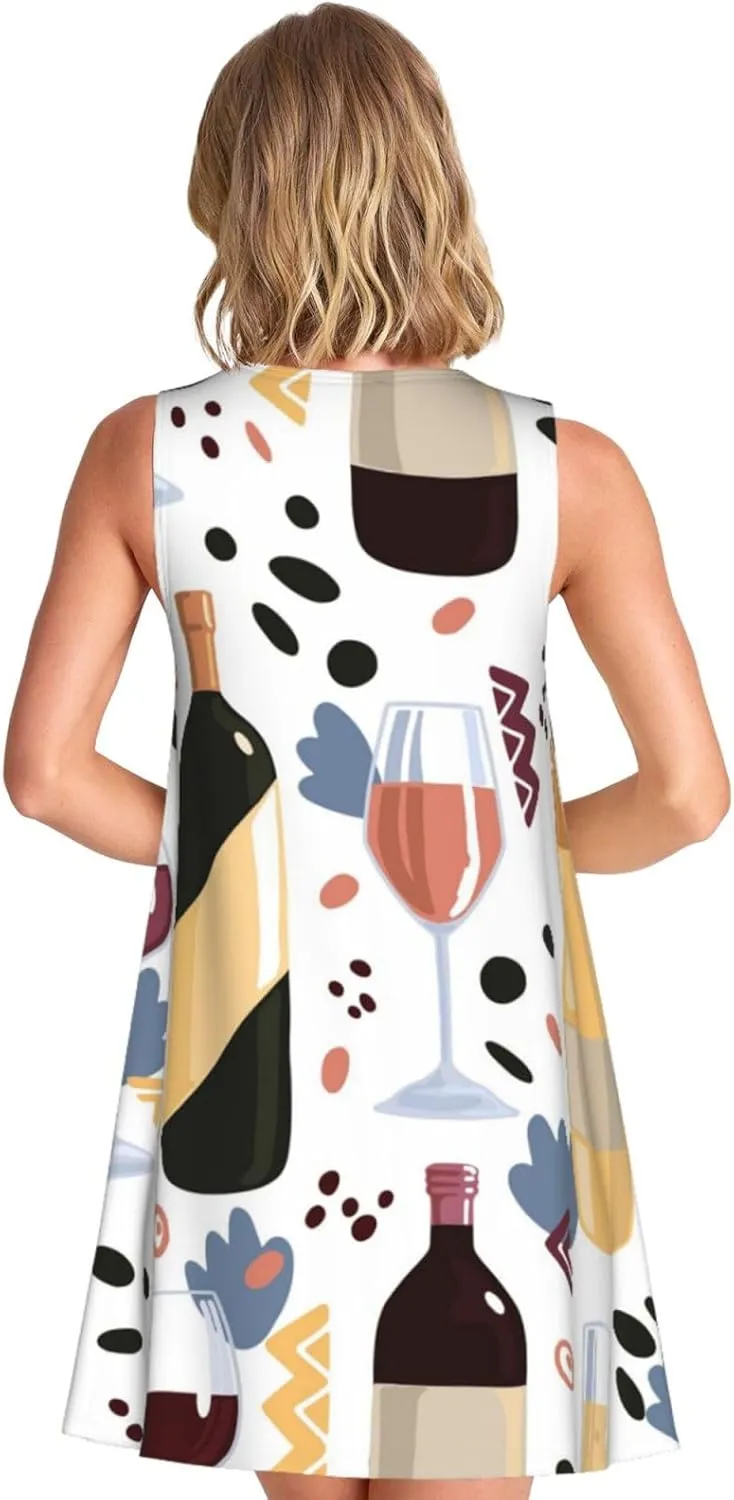 Wine Bottles Glasses Print Summer Dresses for Women Sleeveless Casual Sundresses Beach Cover with Pocket