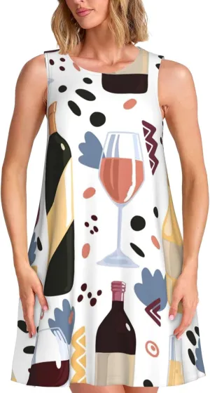 Wine Bottles Glasses Print Summer Dresses for Women Sleeveless Casual Sundresses Beach Cover with Pocket