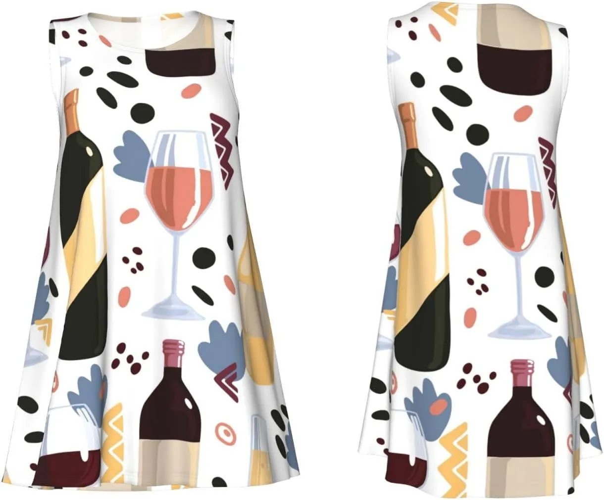 Wine Bottles Glasses Print Summer Dresses for Women Sleeveless Casual Sundresses Beach Cover with Pocket