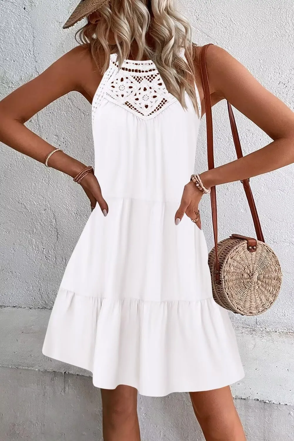 Wkior Womens Summer Dresses 2025 Casual Halter Sleeveless Flowy Mini Dress Tiered Pleated Beach Sundress
