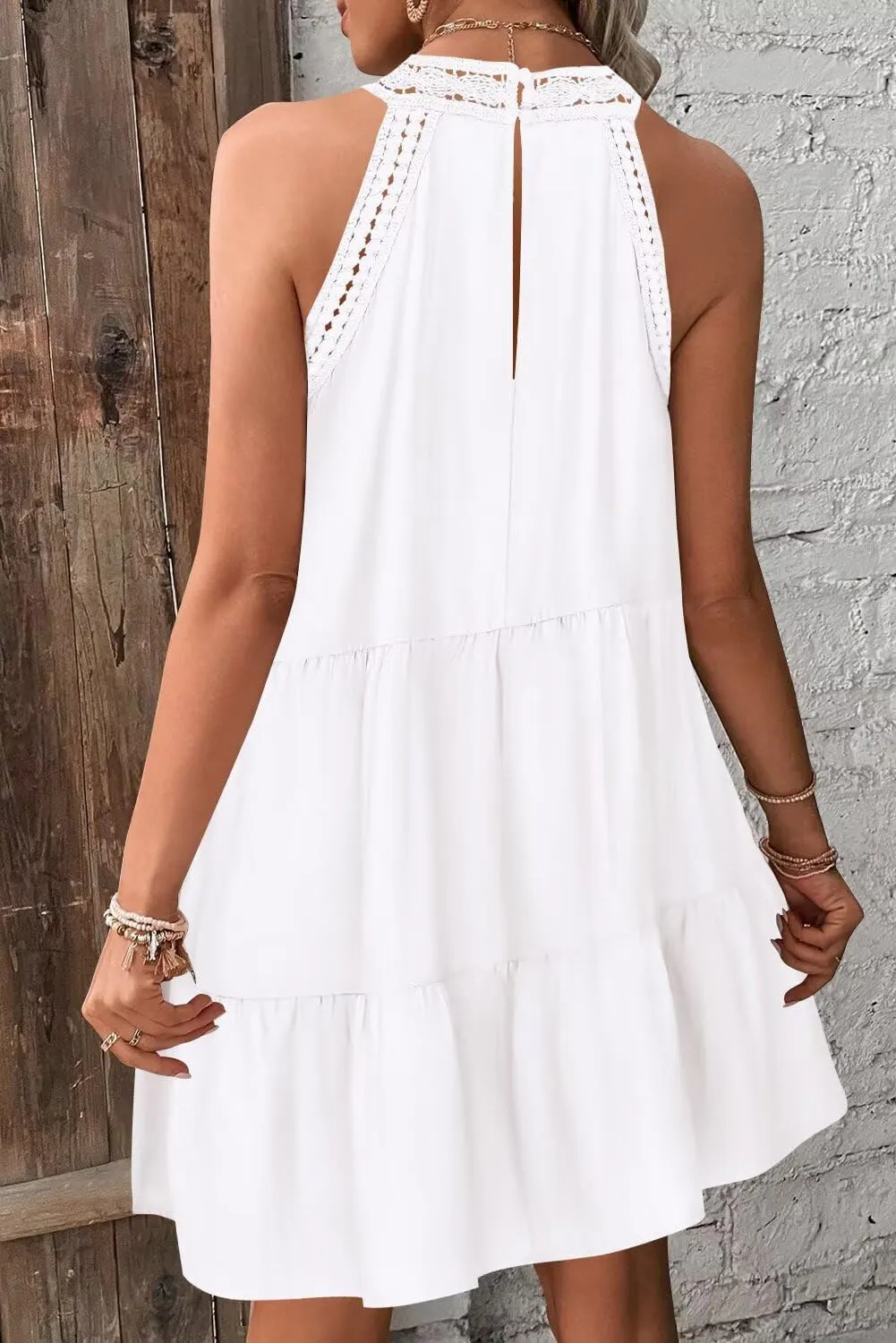 Wkior Womens Summer Dresses 2025 Casual Halter Sleeveless Flowy Mini Dress Tiered Pleated Beach Sundress