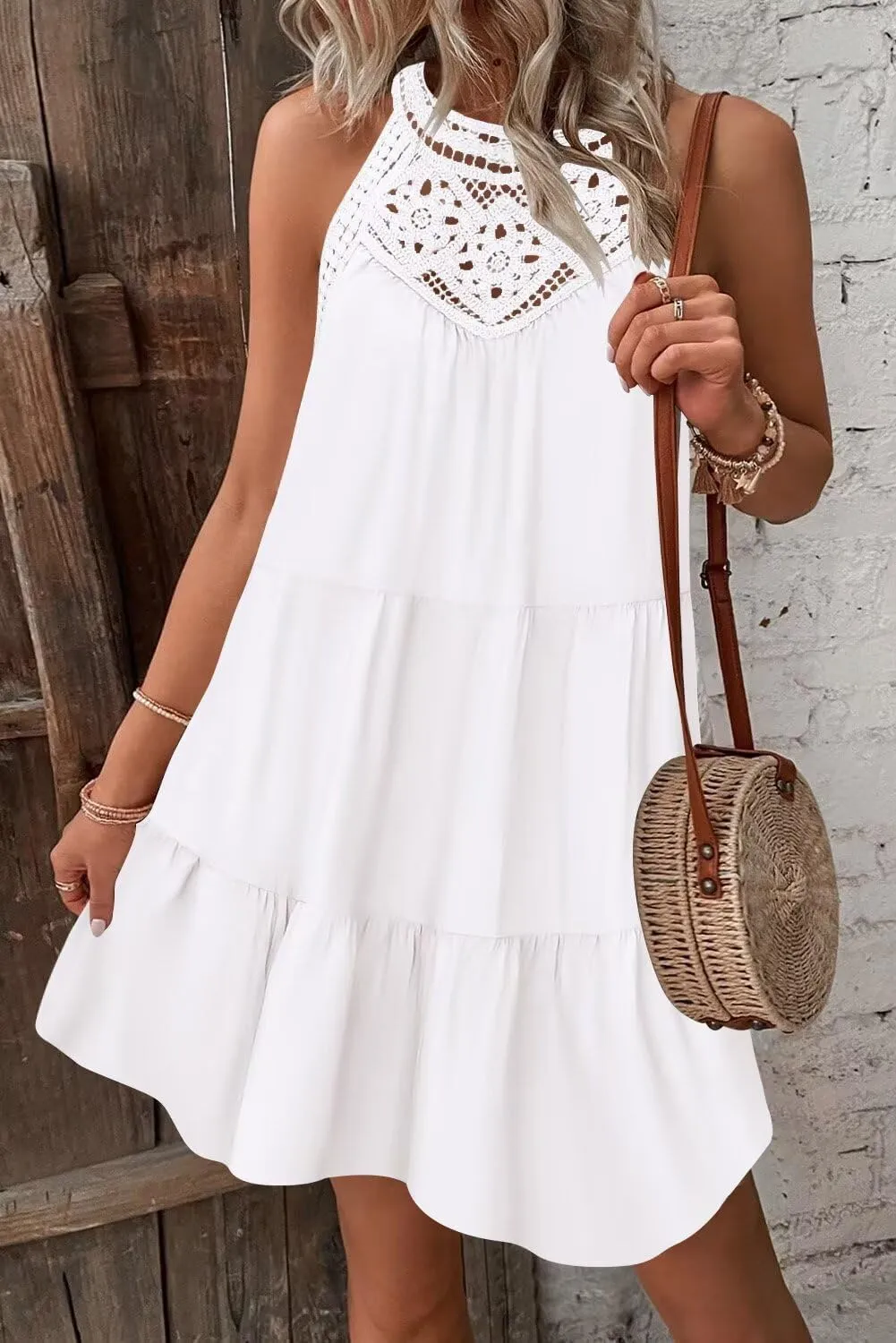Wkior Womens Summer Dresses 2025 Casual Halter Sleeveless Flowy Mini Dress Tiered Pleated Beach Sundress