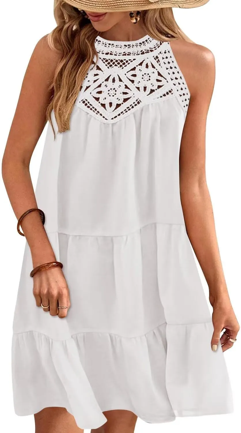 Wkior Womens Summer Dresses 2025 Casual Halter Sleeveless Flowy Mini Dress Tiered Pleated Beach Sundress