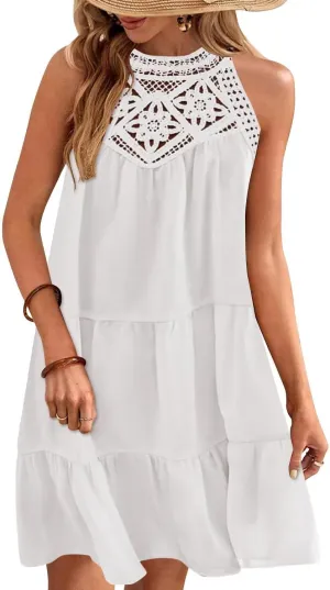 Wkior Womens Summer Dresses 2025 Casual Halter Sleeveless Flowy Mini Dress Tiered Pleated Beach Sundress