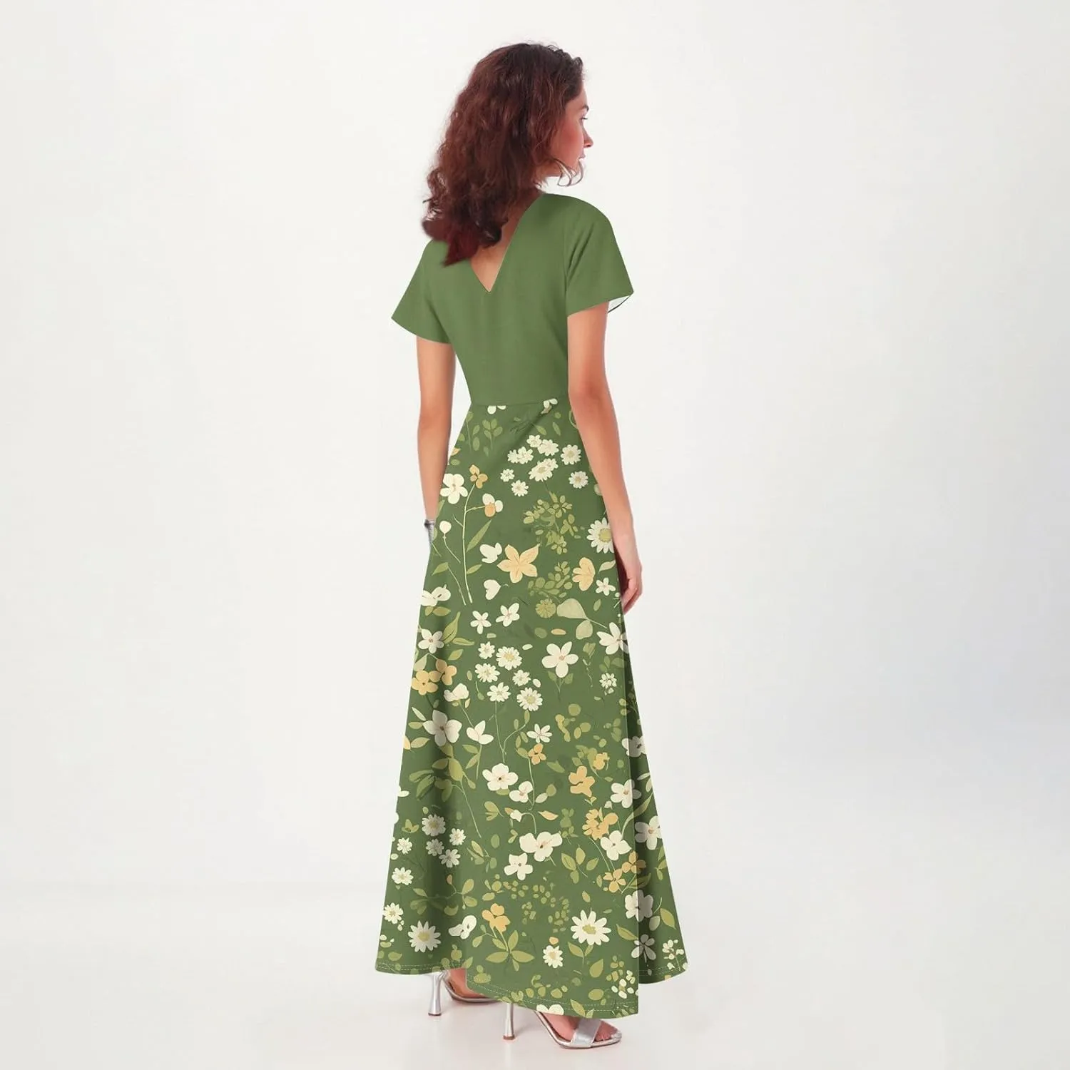 Women Beach Fashion,Women's Loose Casual V-Neck Short Sleeved High Waisted Print Chiffon Dress