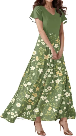 Women Beach Fashion,Women's Loose Casual V-Neck Short Sleeved High Waisted Print Chiffon Dress