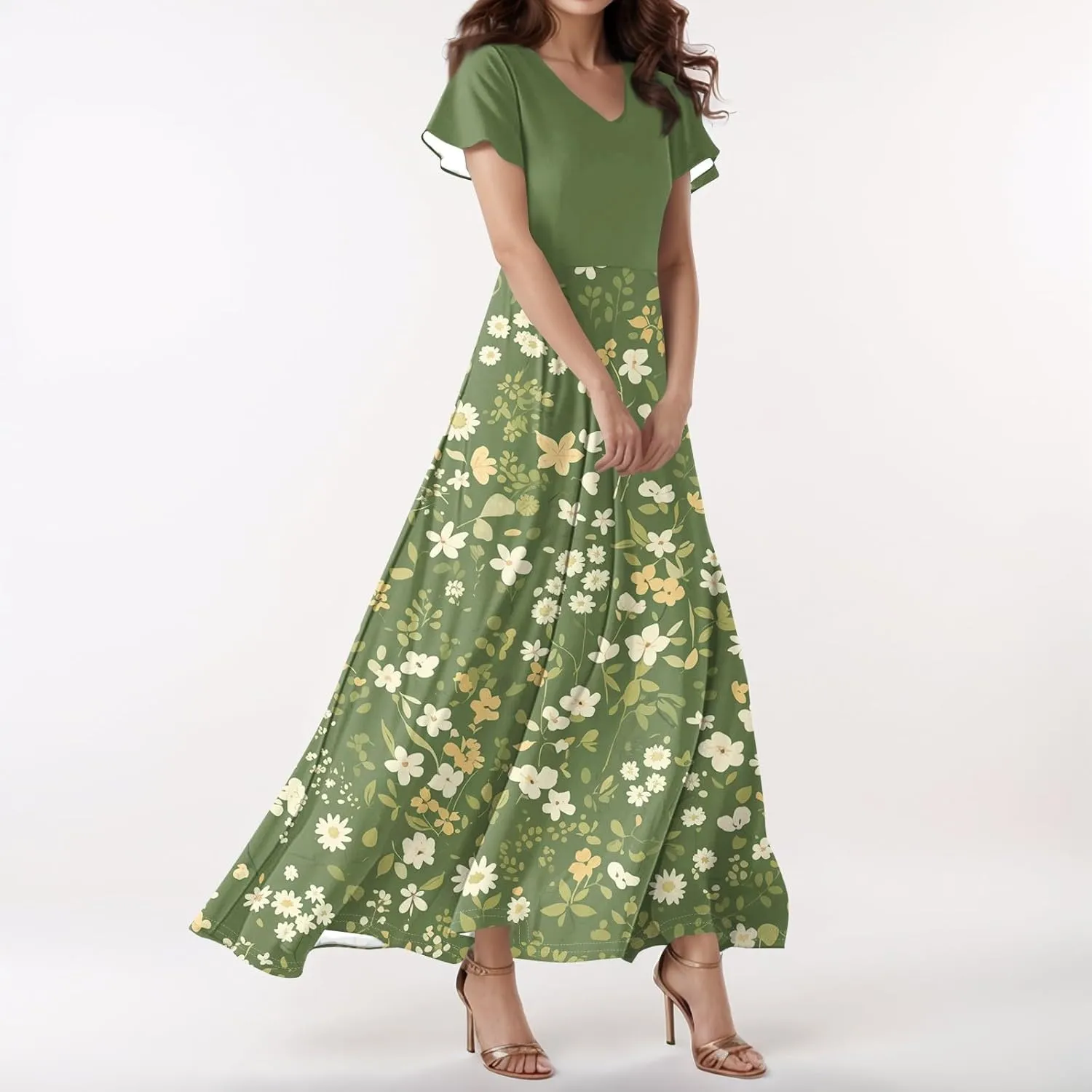 Women Beach Fashion,Women's Loose Casual V-Neck Short Sleeved High Waisted Print Chiffon Dress