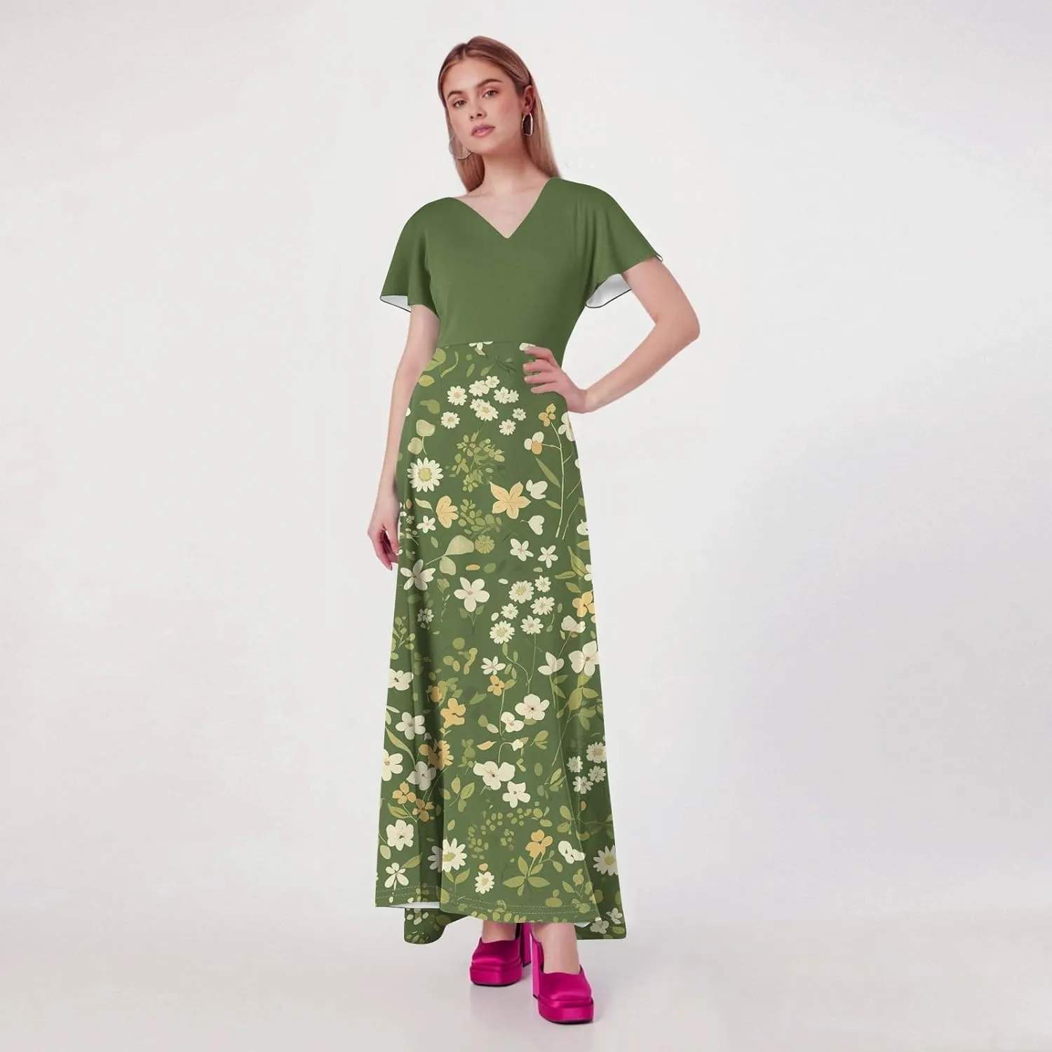 Women Beach Fashion,Women's Loose Casual V-Neck Short Sleeved High Waisted Print Chiffon Dress