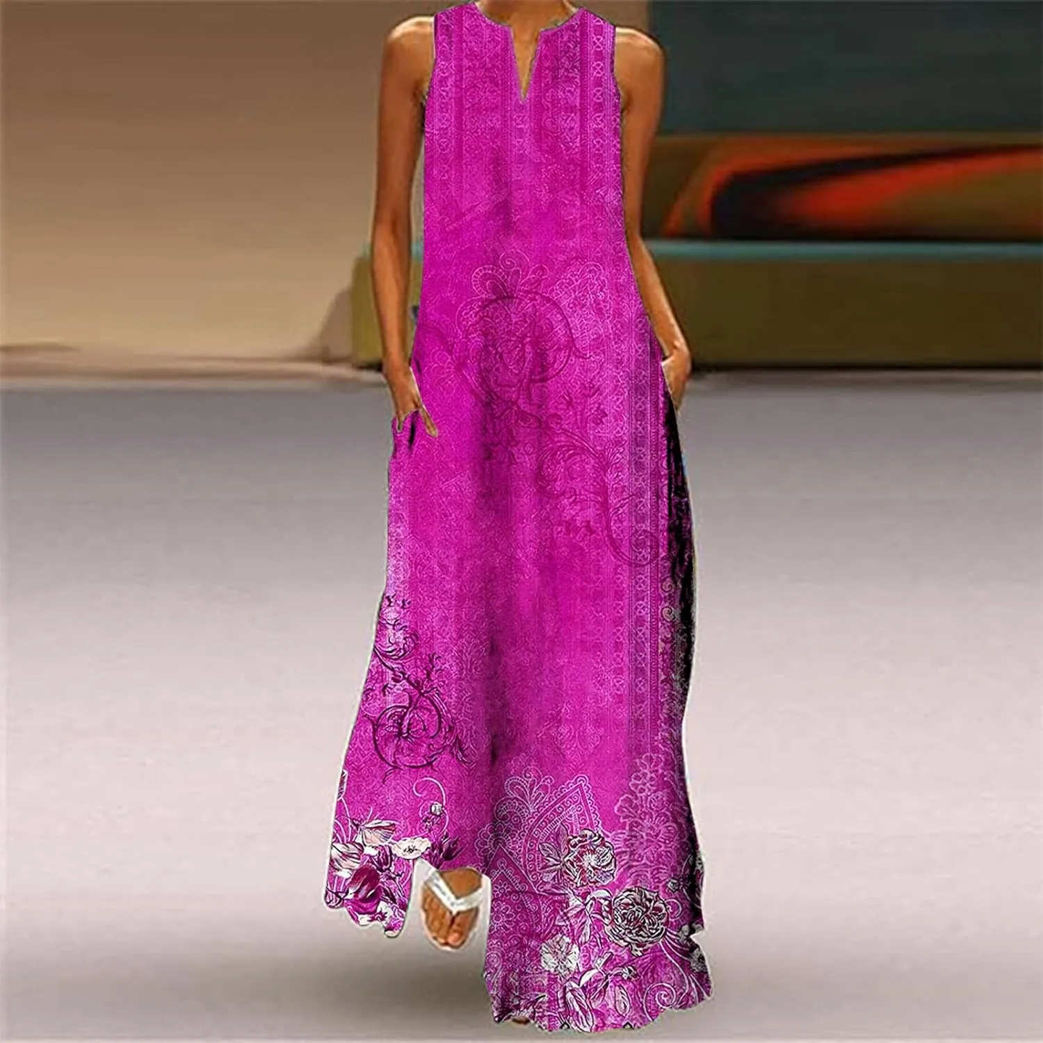 Women Casual Baggy Sundress Sleeveless V Neck Maxi Long Beach Shirt Dress Travel Vacation 2025 Summer Loose Outfits