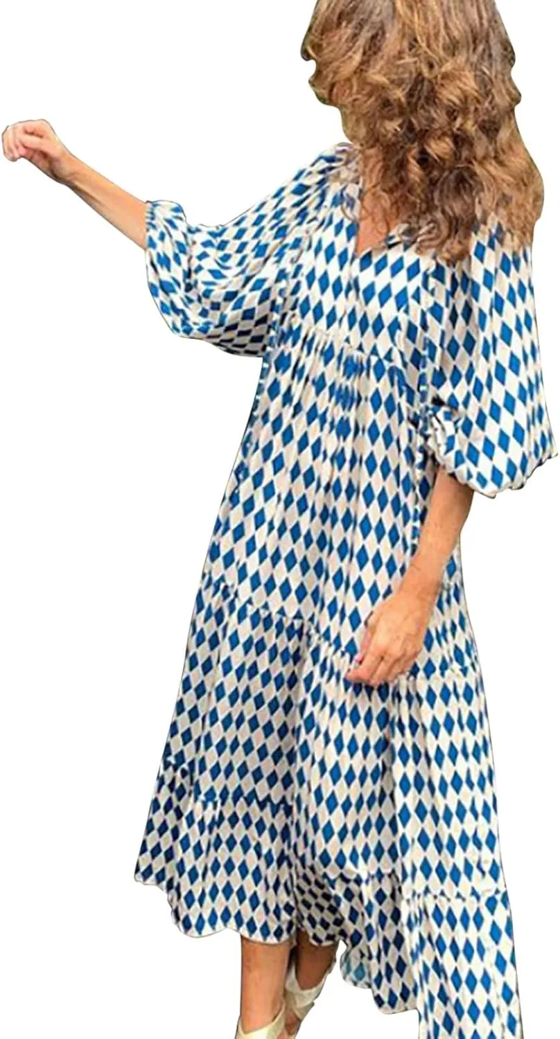 Women Casual Summer Dresses 2025 Spring Crew Neck Ruffle Short Sleeve Floral Print Smocked Boho Flowy Maxi Dress