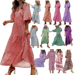 Women Casual Summer Dresses 2025 Spring Crew Neck Ruffle Short Sleeve Floral Print Smocked Boho Flowy Maxi Dress