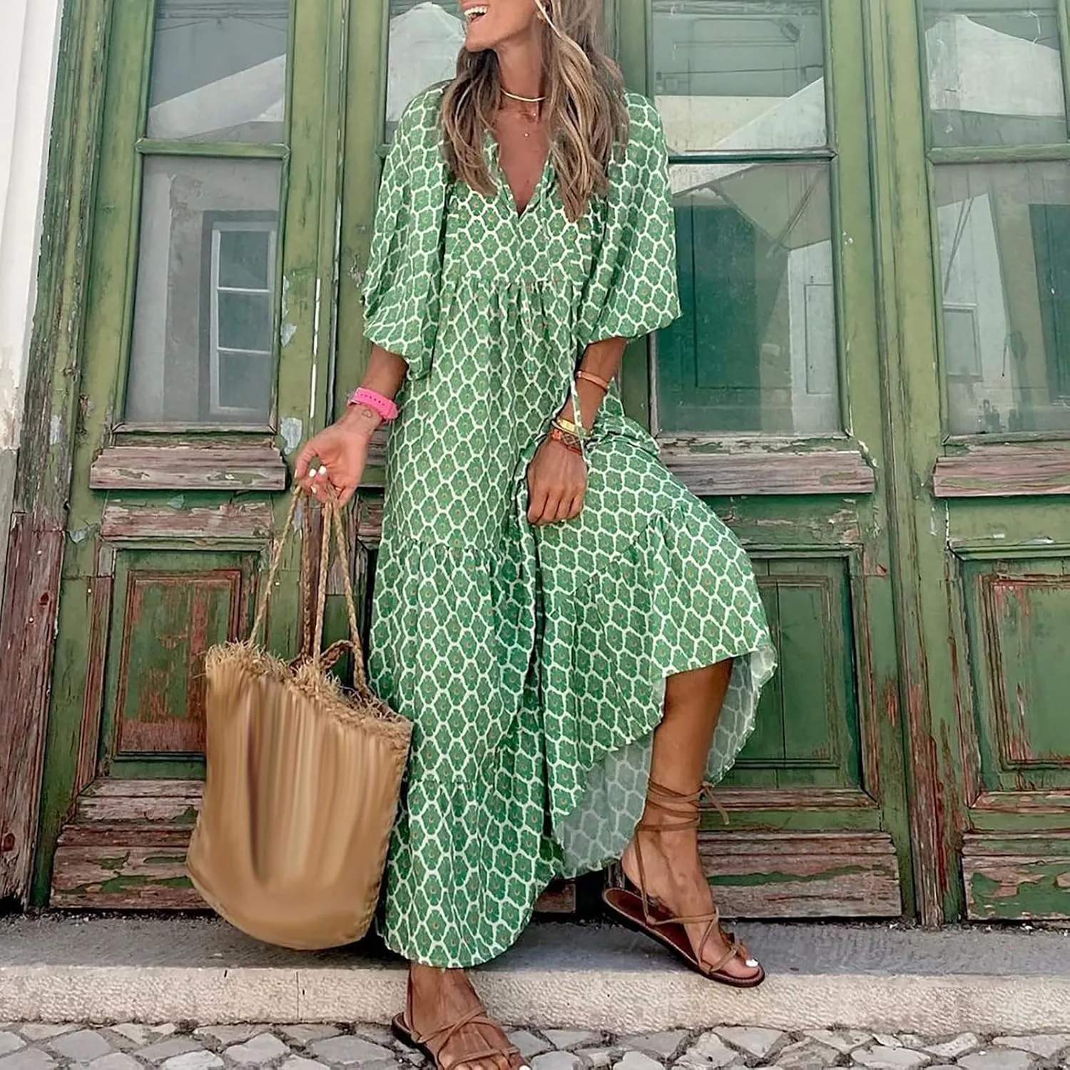Women Casual Summer Dresses 2025 Spring Crew Neck Ruffle Short Sleeve Floral Print Smocked Boho Flowy Maxi Dress