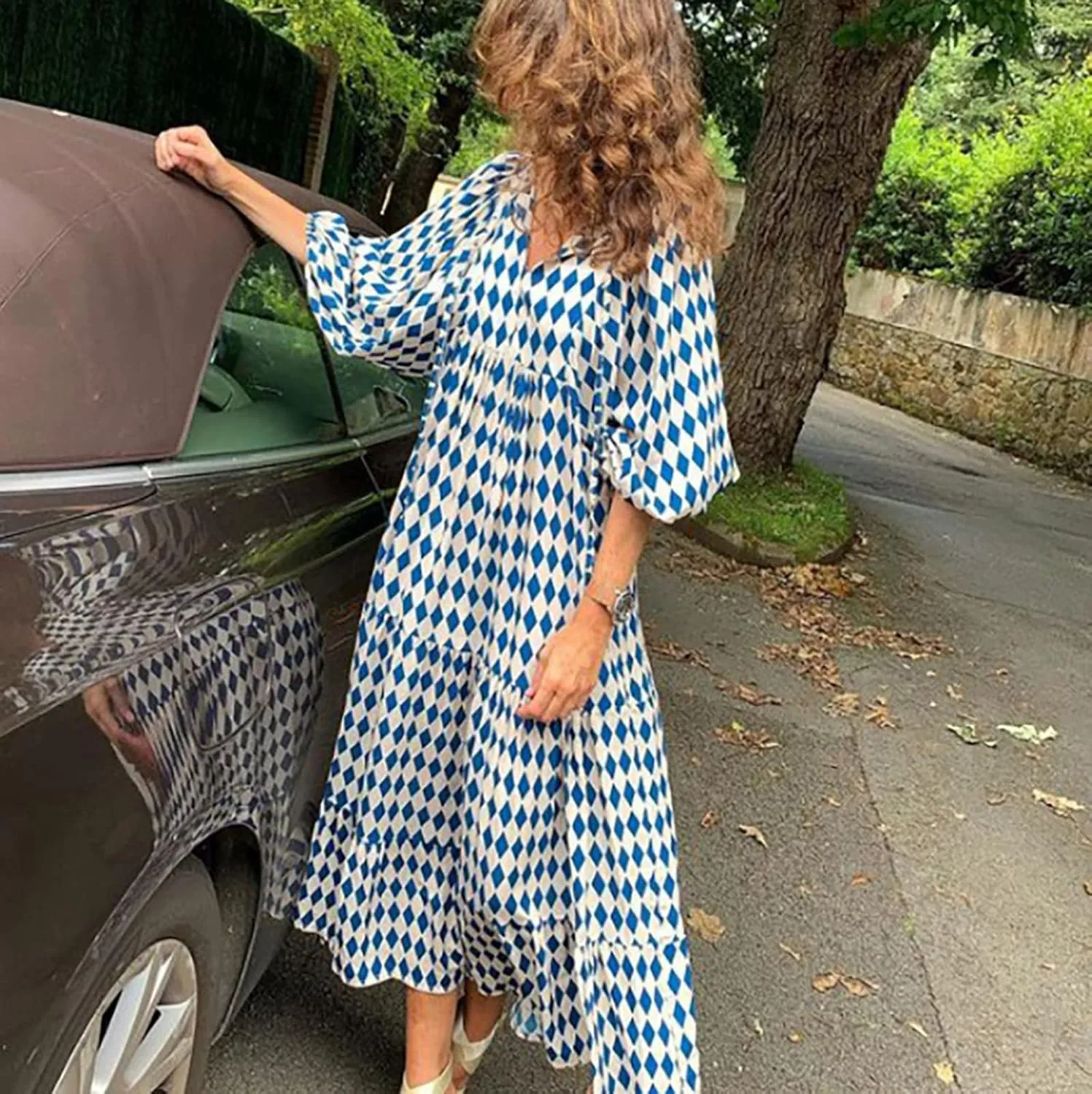 Women Casual Summer Dresses 2025 Spring Crew Neck Ruffle Short Sleeve Floral Print Smocked Boho Flowy Maxi Dress