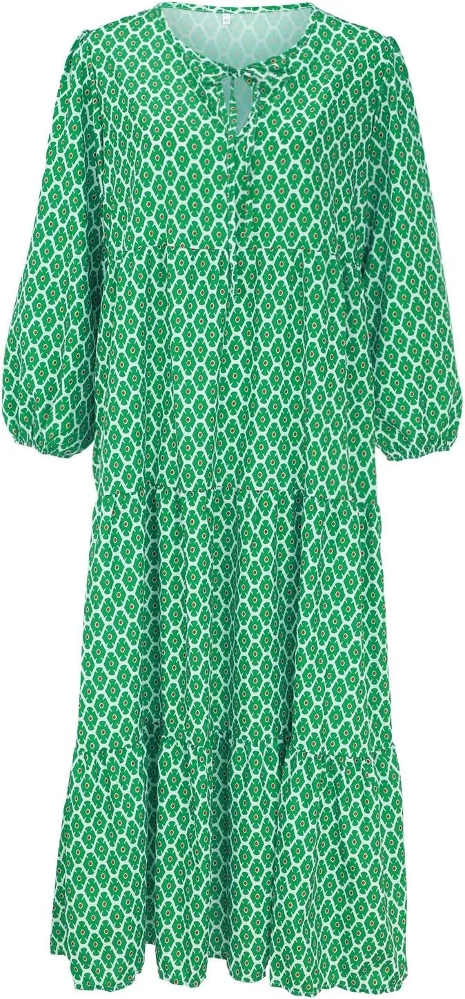 Women Casual Summer Dresses 2025 Spring Crew Neck Ruffle Short Sleeve Floral Print Smocked Boho Flowy Maxi Dress
