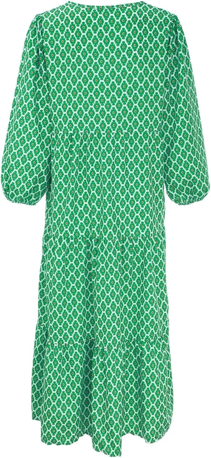 Women Casual Summer Dresses 2025 Spring Crew Neck Ruffle Short Sleeve Floral Print Smocked Boho Flowy Maxi Dress