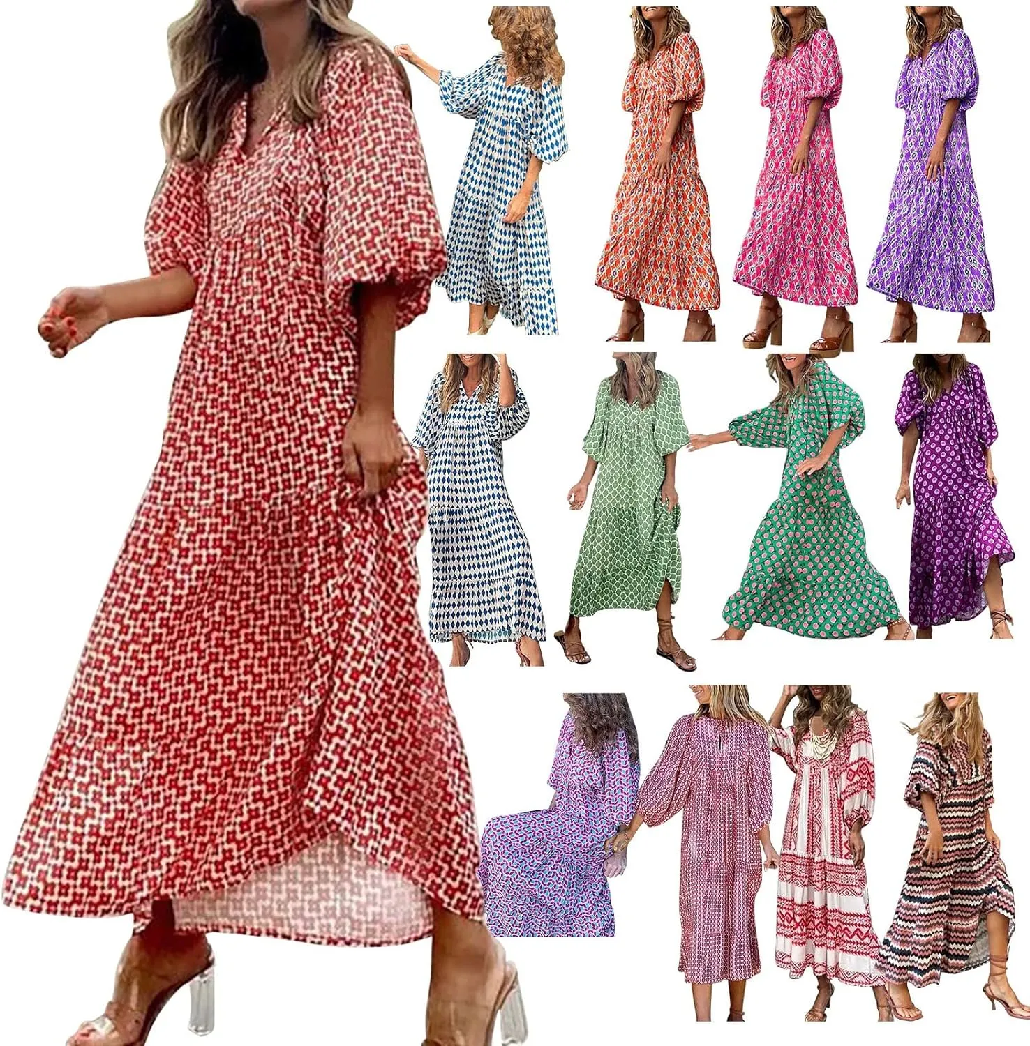 Women Casual Summer Dresses 2025 Spring Crew Neck Ruffle Short Sleeve Floral Print Smocked Boho Flowy Maxi Dress