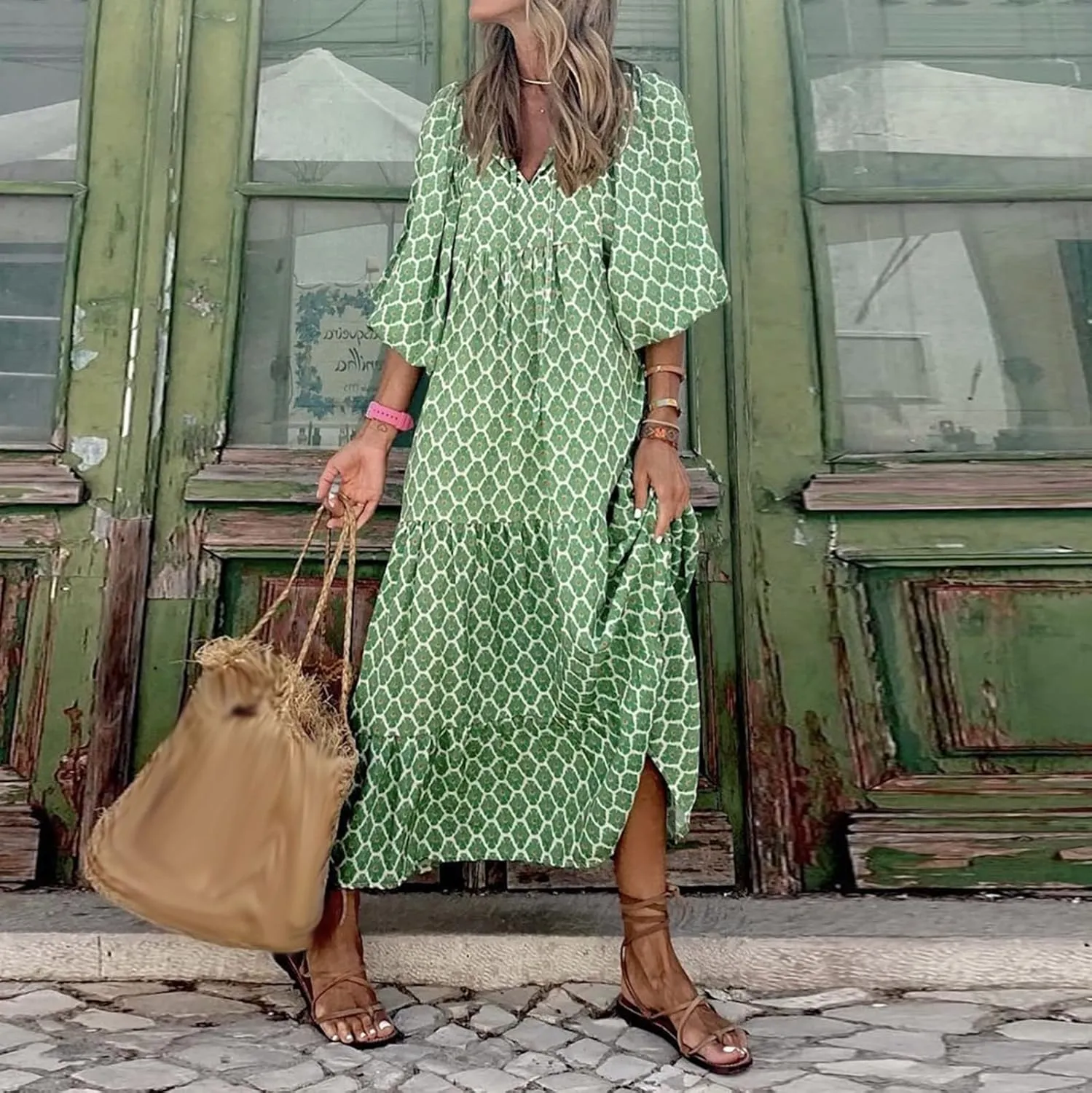 Women Casual Summer Dresses 2025 Spring Crew Neck Ruffle Short Sleeve Floral Print Smocked Boho Flowy Maxi Dress