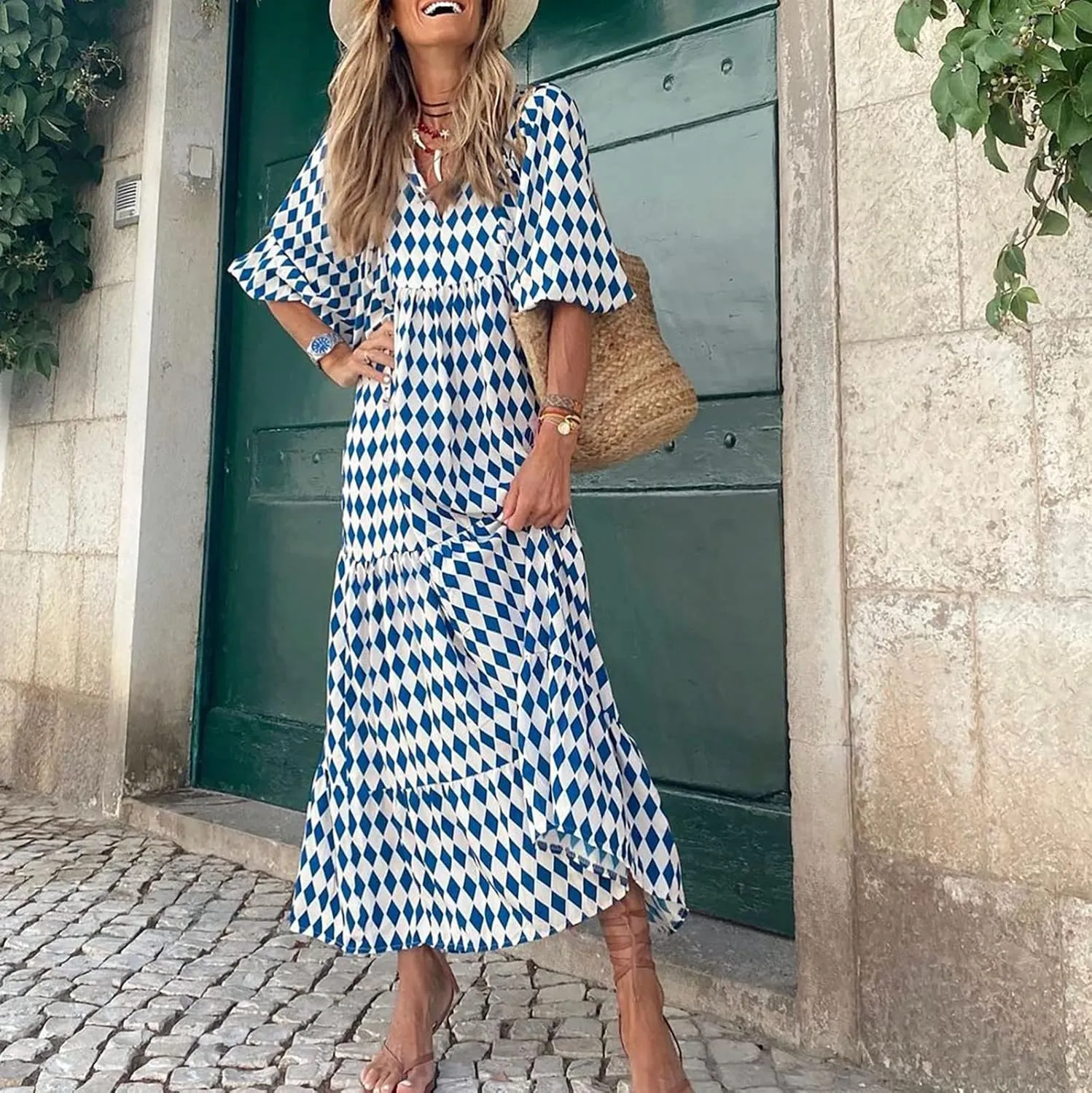 Women Casual Summer Dresses 2025 Spring Crew Neck Ruffle Short Sleeve Floral Print Smocked Boho Flowy Maxi Dress